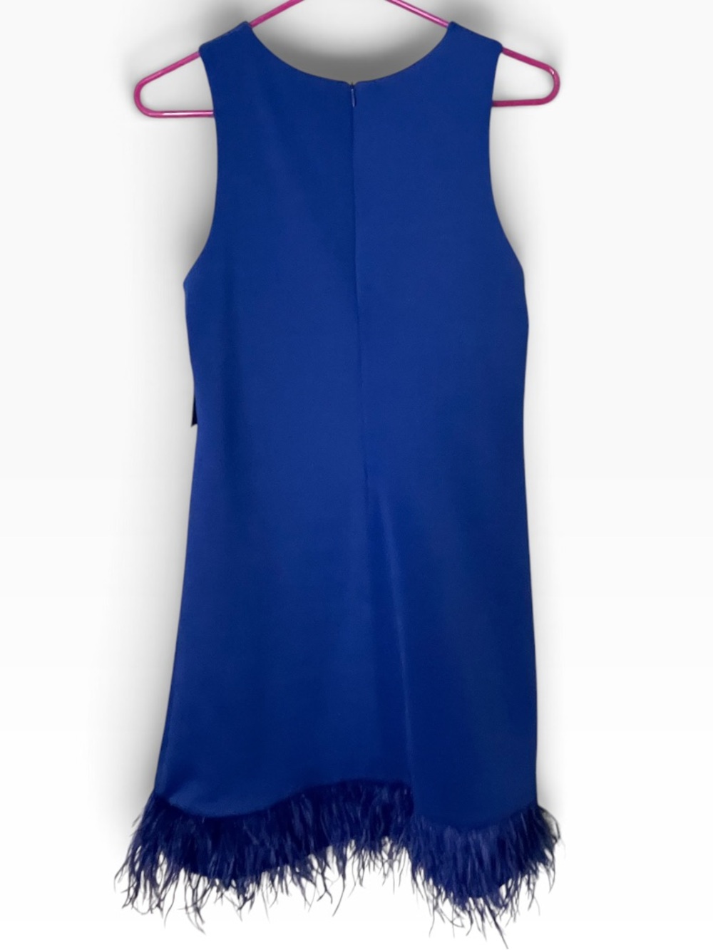 NWT- Taylor blue sleeveless shift dress with feather hem. Size 8 - Picture 4 of 8